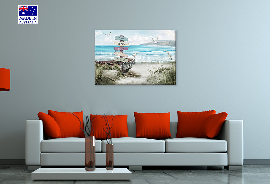 Painting Of a Boat Beach Is My Happy Place Print 100% Australian Made 60x40cm Stretched Canvas Ready to Hang