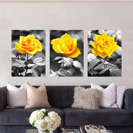 3pcs Vibrant Yellow Rose on Black & White Metal Print Ready to Hang Art