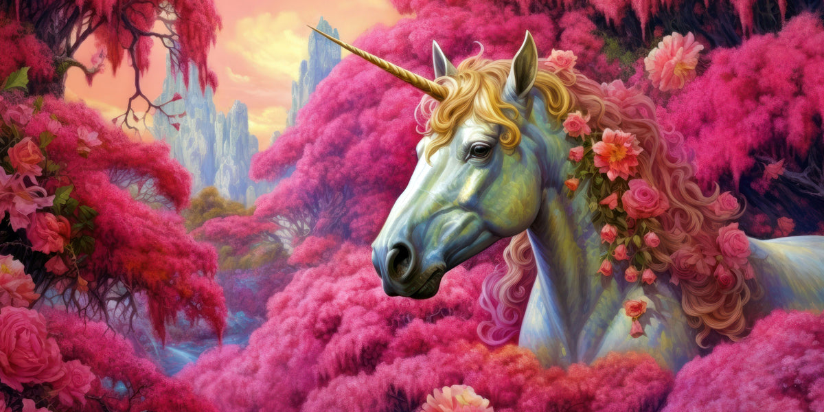 Pink Floral Fantasy Unicorn Magical Wall Art Canvas Office Home Framed 120x60cm