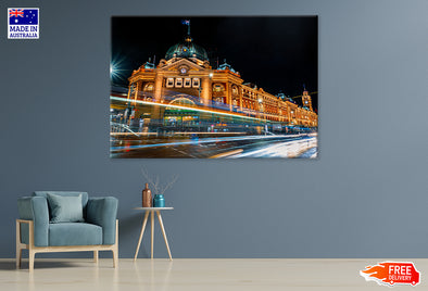 Flinders Station Night View Melbourne Print 100% Australian Made Stretched Canvas Ready to Hang - AU-105