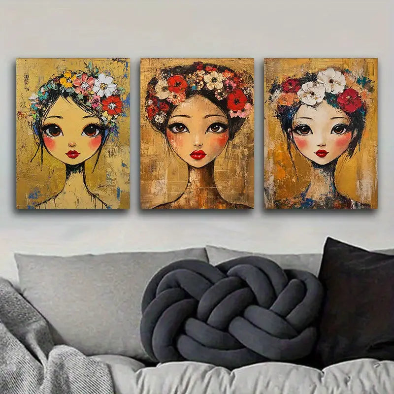 3pcs Featuring a Lovely Girl Adorned with Flowers in Her Hair Metal Print Ready to Hang Art