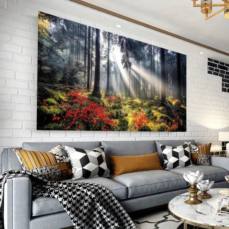Serene Forest Sunlight Scene with Vibrant Red Flowers & Lush Greenery Wall Art wall canvas office home room framed 120x60cm