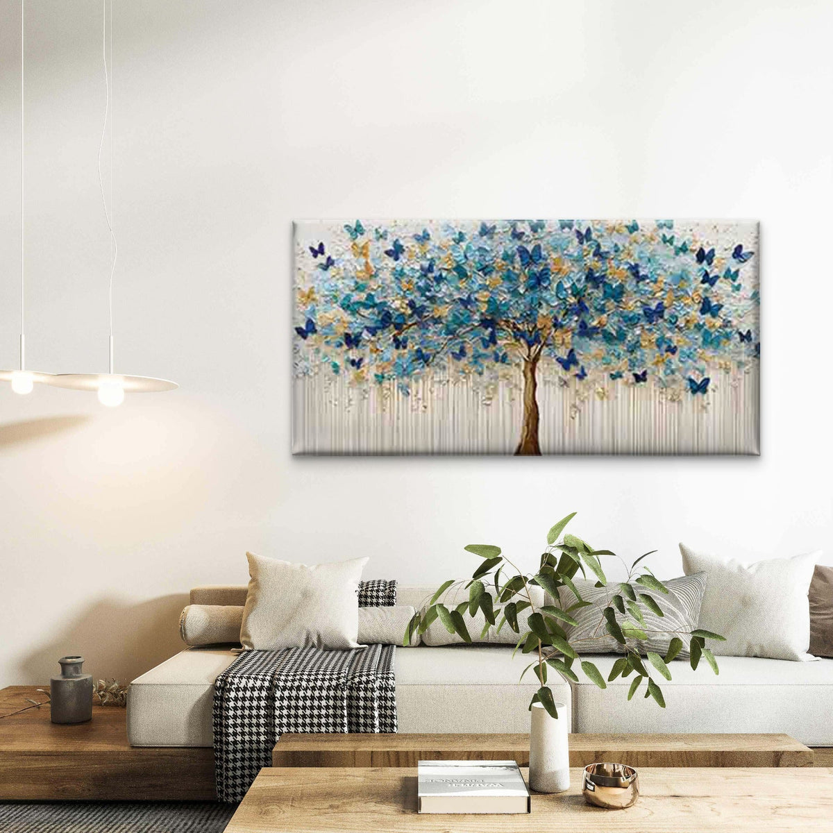 Golden Tree with Blue & Golden Wall Art Canvas Office Home Room Framed 80x45cm