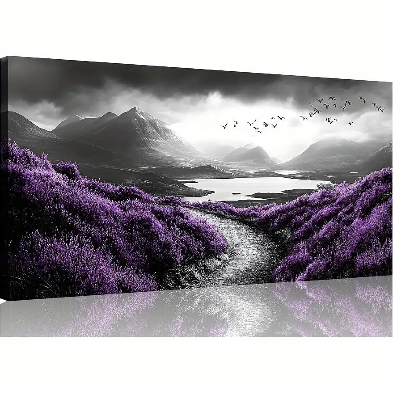 Vibrant Purple Flowers Serene Mountain Lake & Birds Wall Art canvas office home room framed 120x60cm