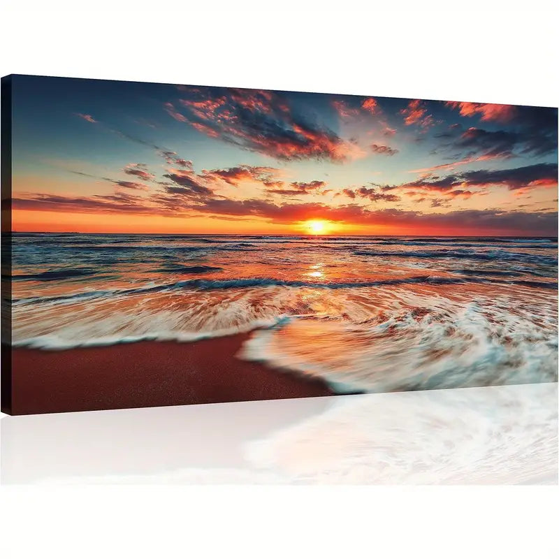 Blue Sea Beach Sunrise Ocean Waves Wall Art canvas office home room framed 120x60cm