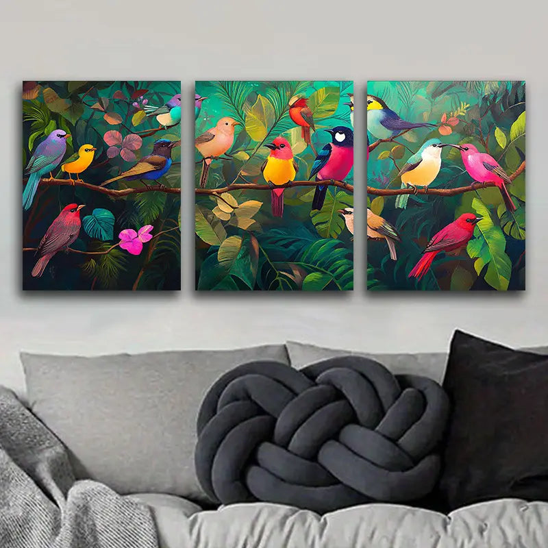 3pcs Birds perched on branches and leaves Metal Print Ready to Hang Art