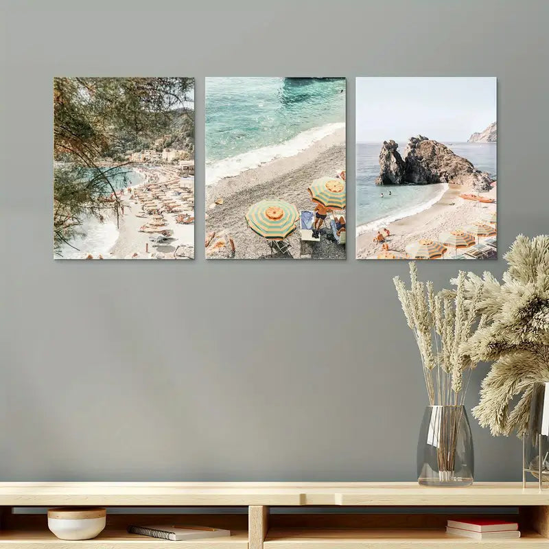 3pcs Cinque Terre Italy Amalfi Beach Painting Metal Print Ready to Hang Art