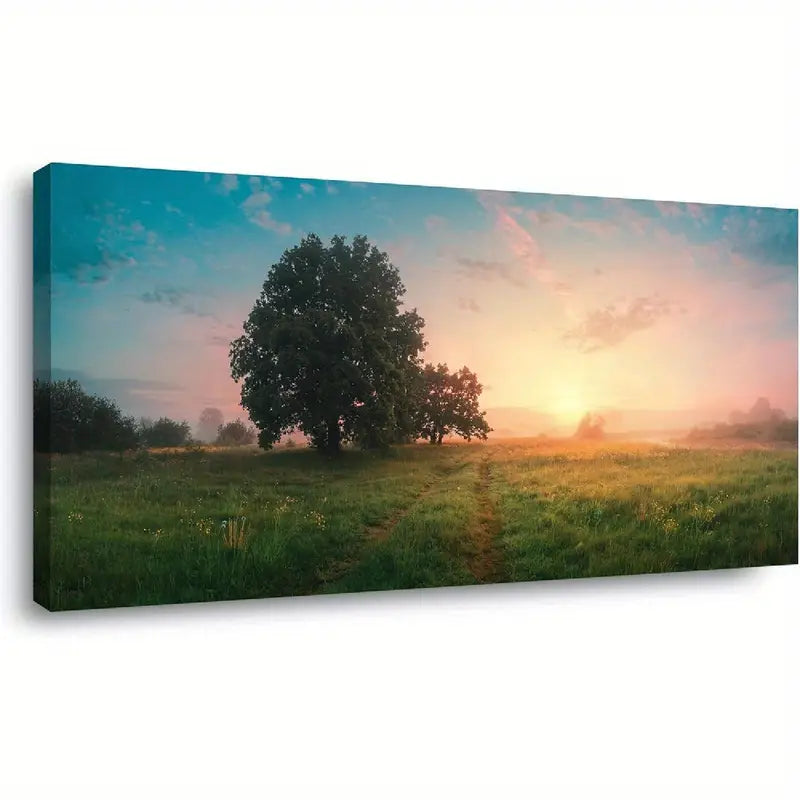 Spring Panoramic Sky Fluffy Clouds Over Green Field Wall Art canvas office home room framed 120x60cm