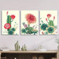 3pcs Vibrant Red Flowers, Green Foliage Cactus Metal Print Ready to Hang Art