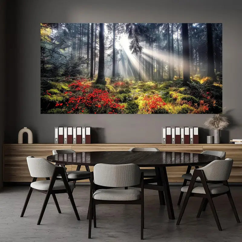 Serene Forest Sunlight Scene with Vibrant Red Flowers & Lush Greenery Wall Art wall canvas office home room framed 120x60cm