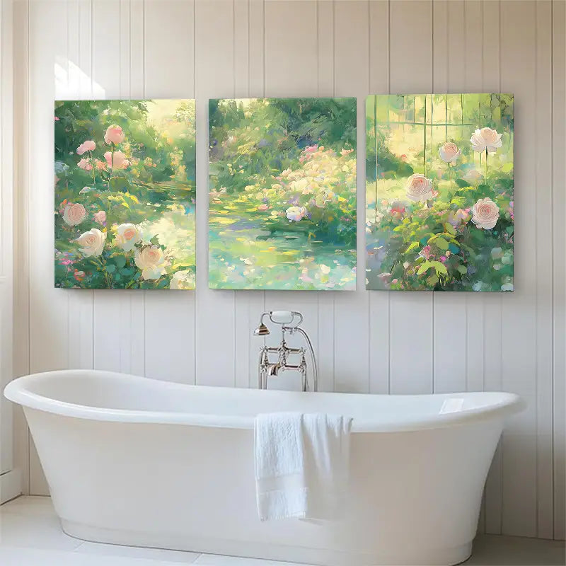 3pcs Tranquil Garden Rose & Butterflies Metal Print Ready to Hang Art
