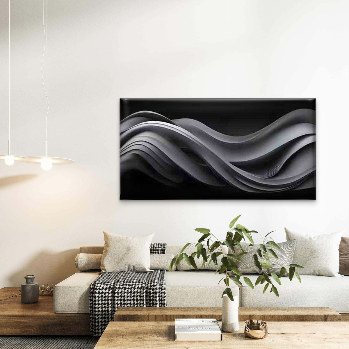 Abstract Wave Forms in Monochrome Wall Art Canvas Office Home Room Framed 120x60cm