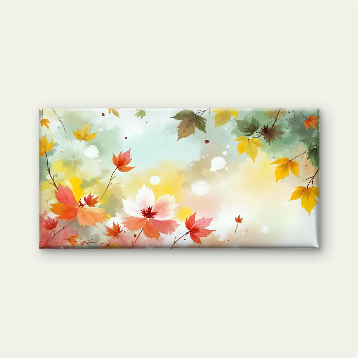 Golden Autumn Floral Watercolor Wall Art Canvas Office Home Room Framed 80x45cm