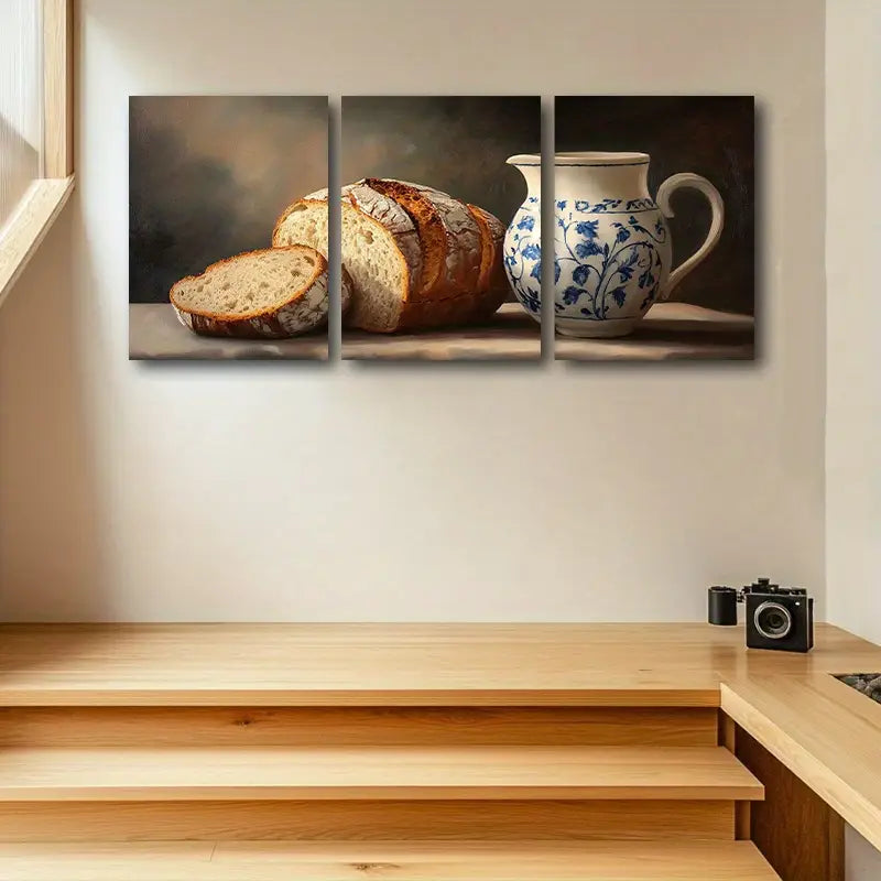 3pcs Elegant Bread & Floral Jug Classic Design Metal Print Ready to Hang Art