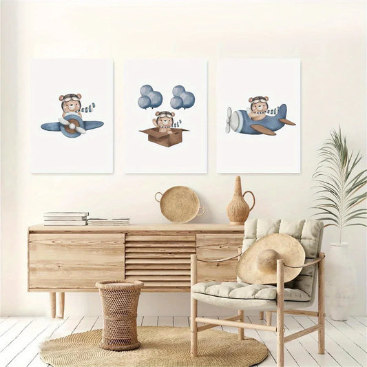 3pcs Watercolor Airplane Cute Bear Classic Design Metal Print Ready to Hang Art