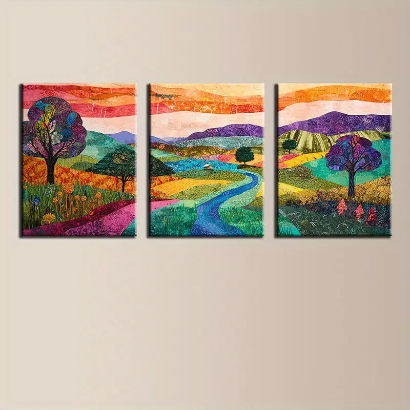 3pcs Colorful Fields River Elegant Design Metal Print Ready to Hang Art