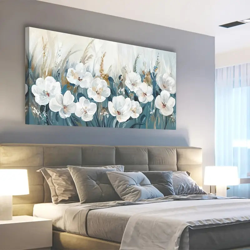 Abstract White Flowers Navy Blue Reed Botanical Wall Art canvas office home room framed 120x60cm