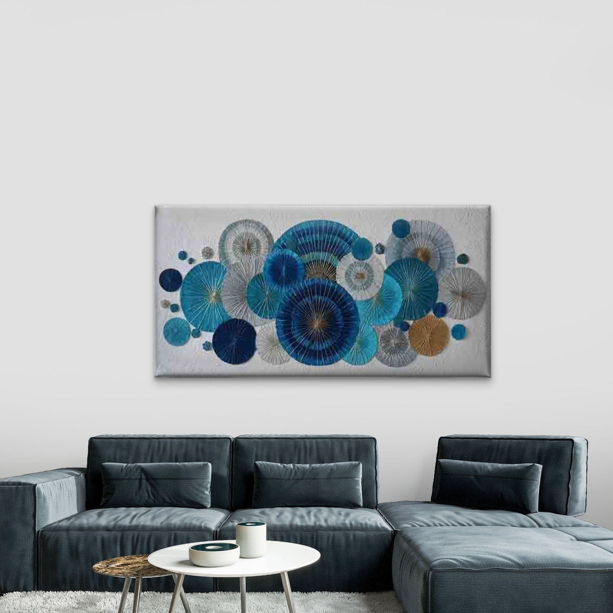 Blue and White Chinese Fan Wall Art Canvas Office Home Room Framed 80x45cm