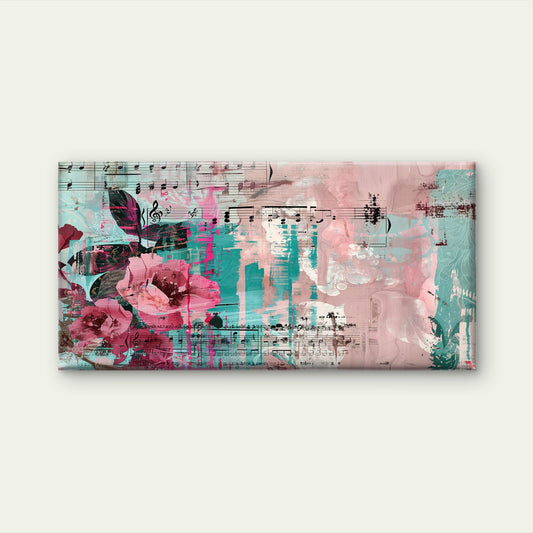 Pink Teal Sheet Music Floral Wall Art Canvas Office Home Room Framed 80x45cm