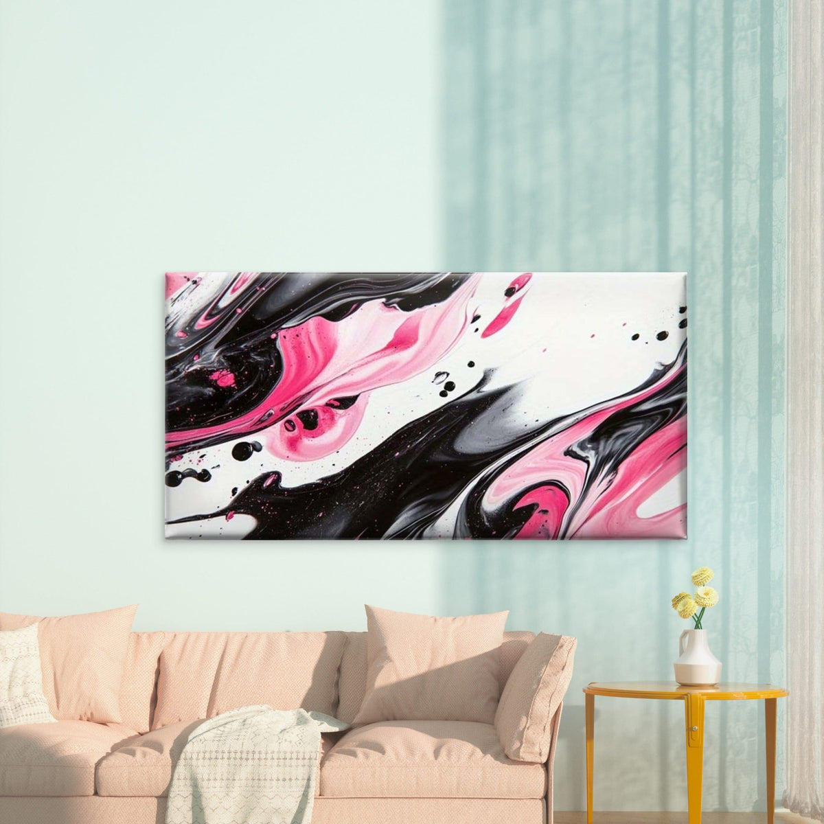 Abstract Pink Black White Fluid Wall Art Canvas Office Home Room Framed 120x60cm
