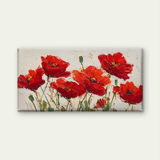Vibrant Red Floral Oil Painting Wall Art Canvas Office Home Room Framed 80x45cm