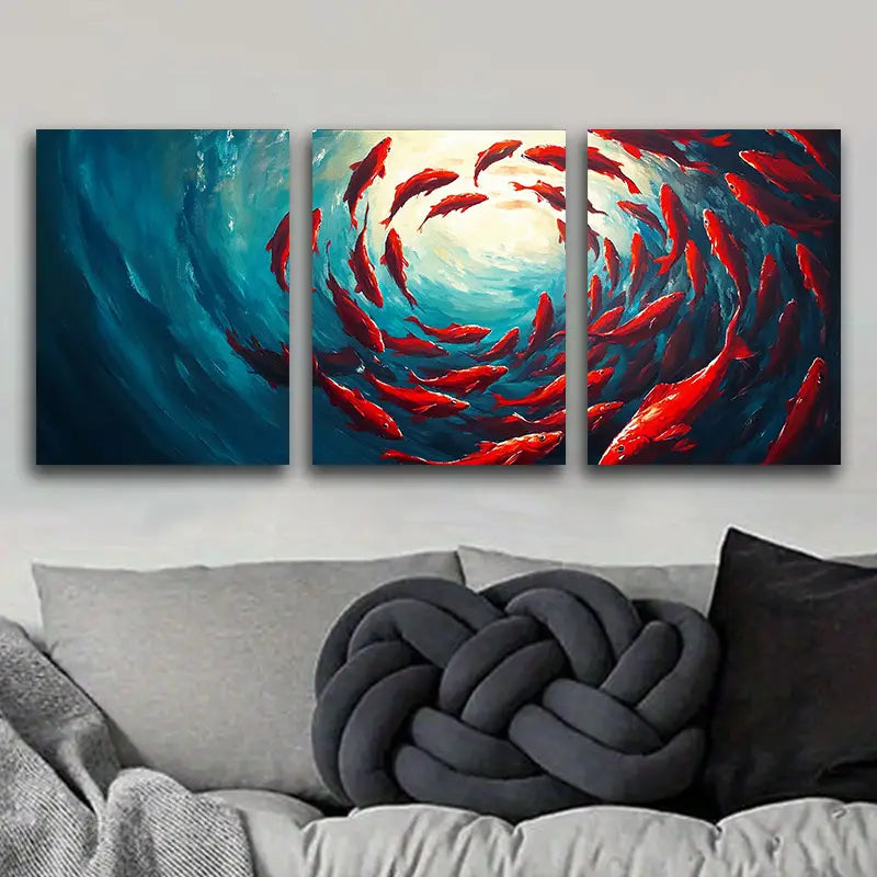 3pcs Red Fish Spiral Ocean Metal Print Ready to Hang Art