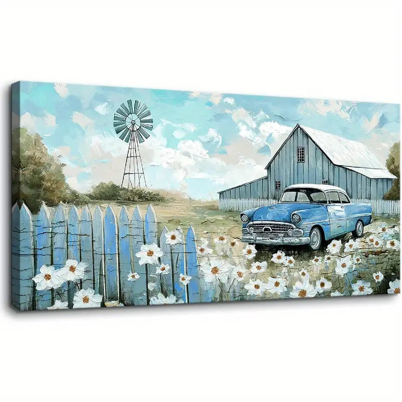 Rustic Farmhouse Blue Classic Car & Barn Wall Art canvas office home room framed 120x60cm