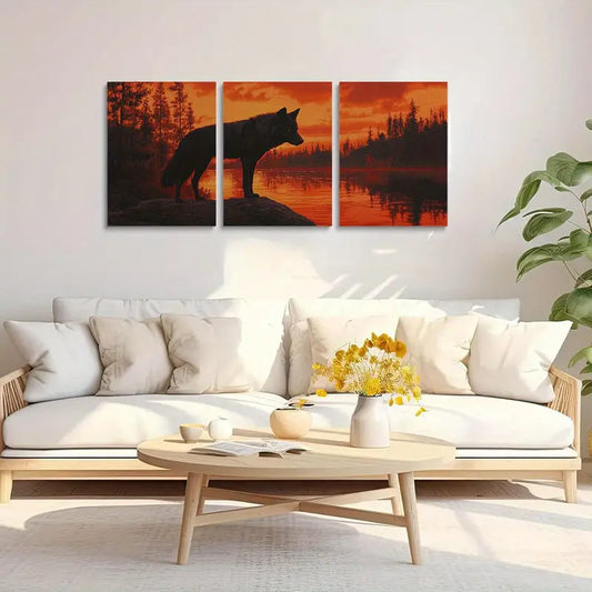 3pcs Black Wolf Silhouette at Sunset Classic Design Metal Print Ready to Hang Art