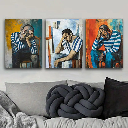 3pcs Striped Shirt Man Painting Metal Print Ready to Hang Art