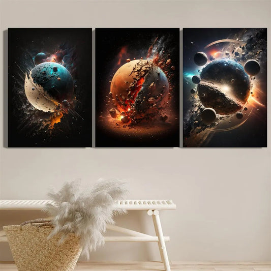 3pcs Space Odyssey Vivid Planets & Cosmic Abstract Metal Print Ready to Hang Art
