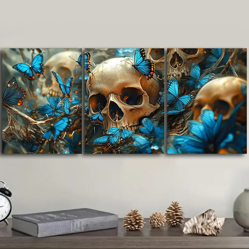 3pcs Skulls and blue flowers with butterflies Metal Print Ready to Hang Art