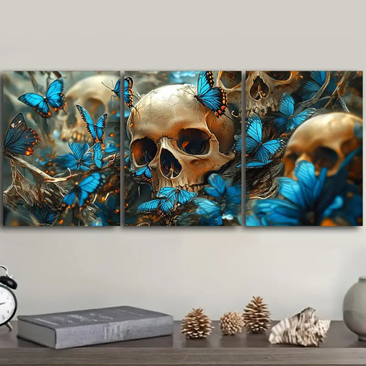 3pcs Skulls and blue flowers with butterflies Metal Print Ready to Hang Art