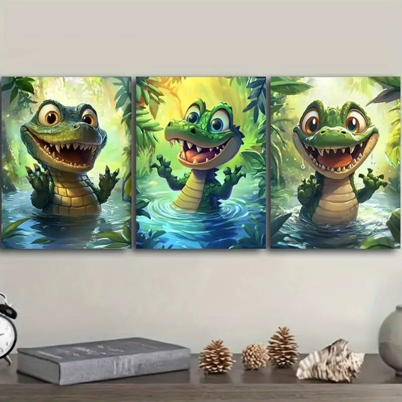 3pcs Whimsical Crocodile Metal Print Ready to Hang Art