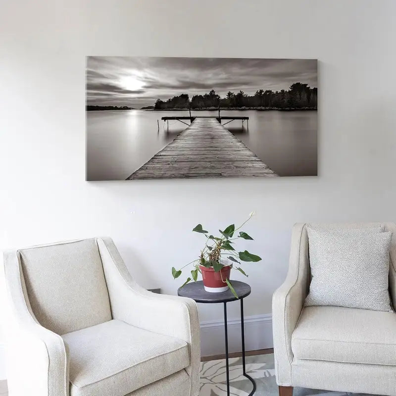 Modern Dock Scene Lake Trees Sun Wall Art canvas office home room framed 120x60cm