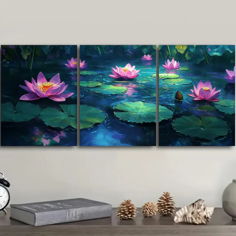 3pcs Water Lilies in Moonlight Metal Print Ready to Hang Art