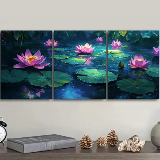 3pcs Water Lilies in Moonlight Metal Print Ready to Hang Art
