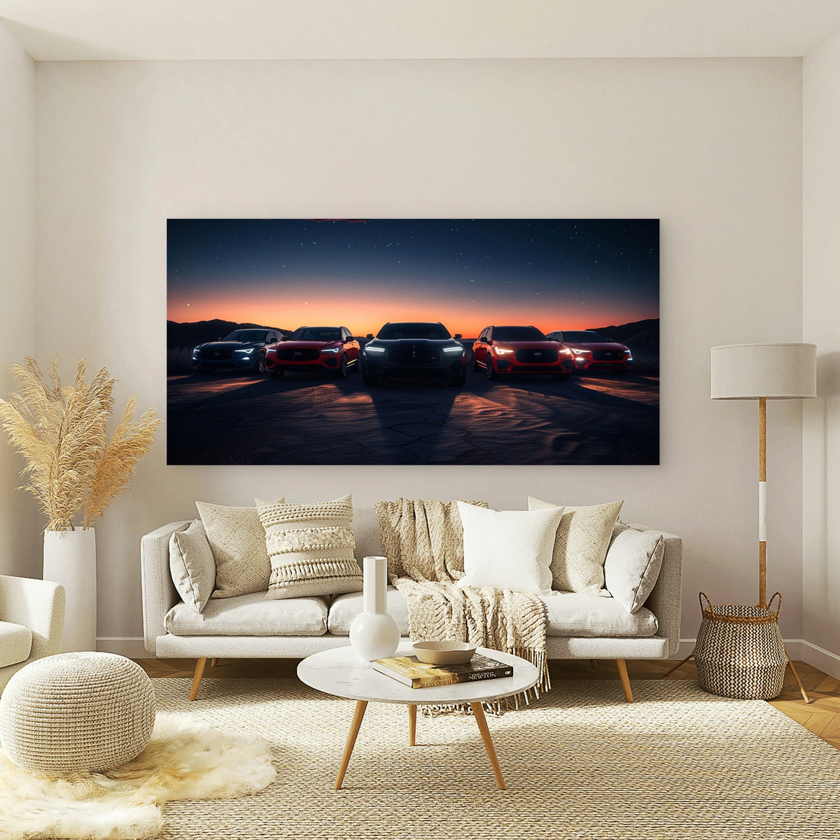 Five performance cars at sunset Wall Art Canvas Office Home Room Framed 80x45cm