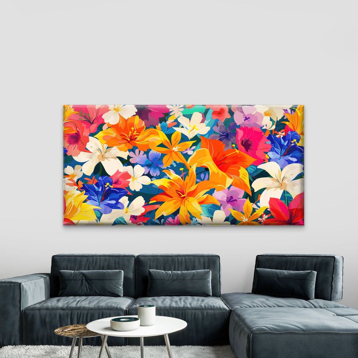 Vibrant Tropical Floral Display Wall Art Canvas Office Home Room Framed 80x45cm