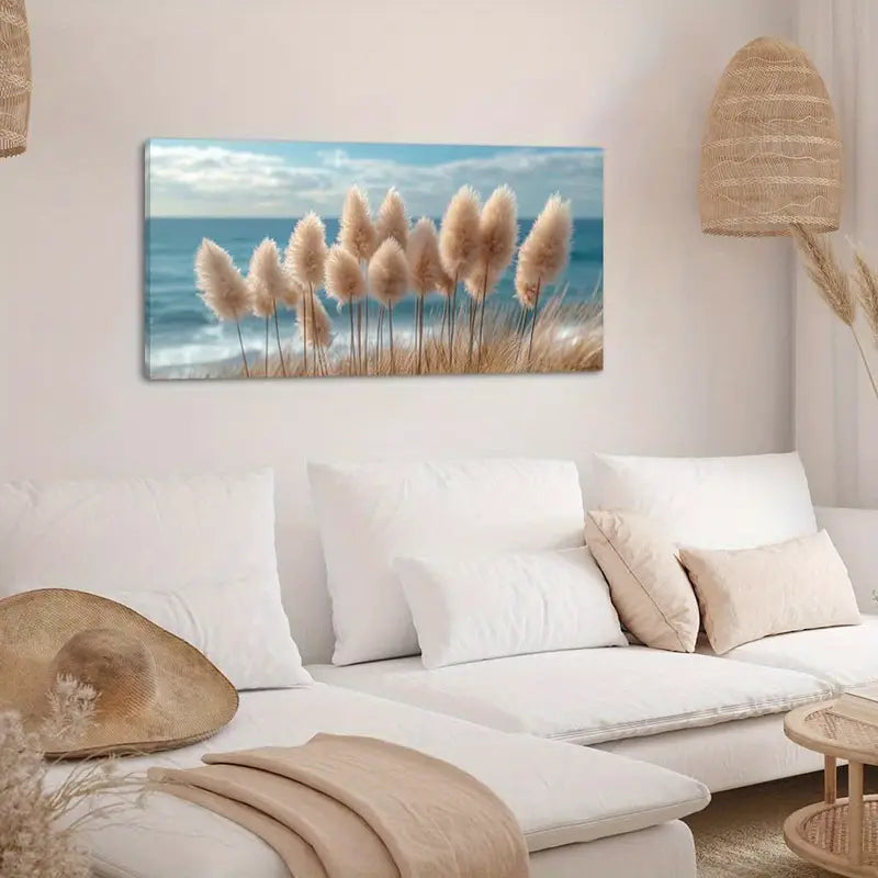 Pampas Grass Coastal Serene Beach Wall Art canvas office home room framed 120x60cm