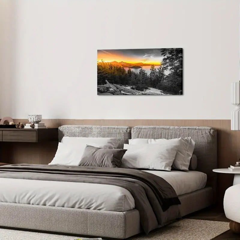 Volcanic Lake National Park Sunset Wall Art canvas office home room framed 120x60cm