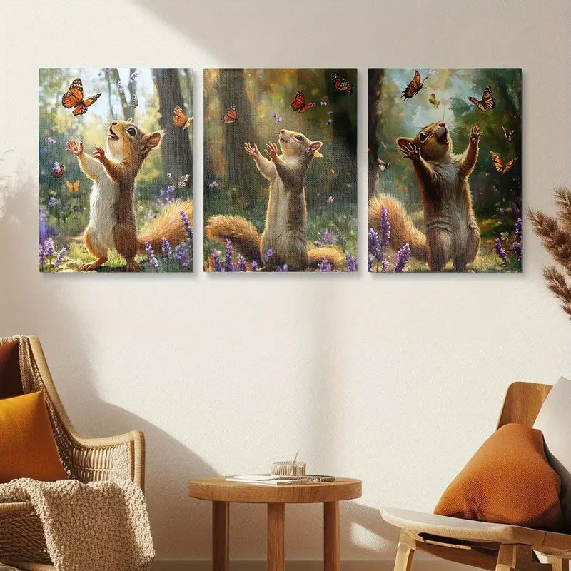 3pcs Vibrant Autumn Forest Scene with Butterflies Squirrel Metal Print Ready to Hang Art