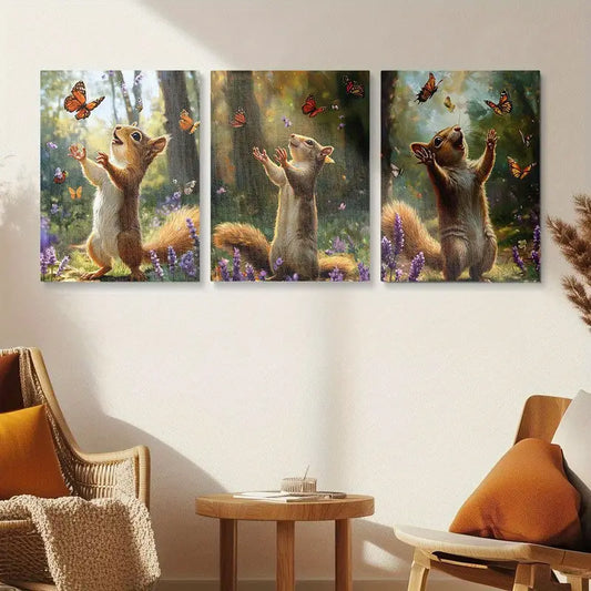 3pcs Vibrant Autumn Forest Scene with Butterflies Squirrel Metal Print Ready to Hang Art