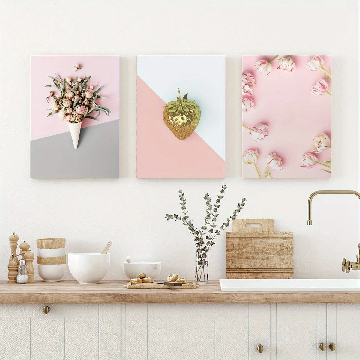 3pcs Modern Sweet Pink Flowers Golden Strawberry Metal Print Ready to Hang Art
