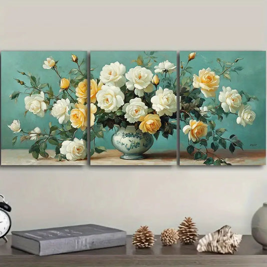 3pcs White Roses in Vase Painting Metal Print Ready to Hang Art