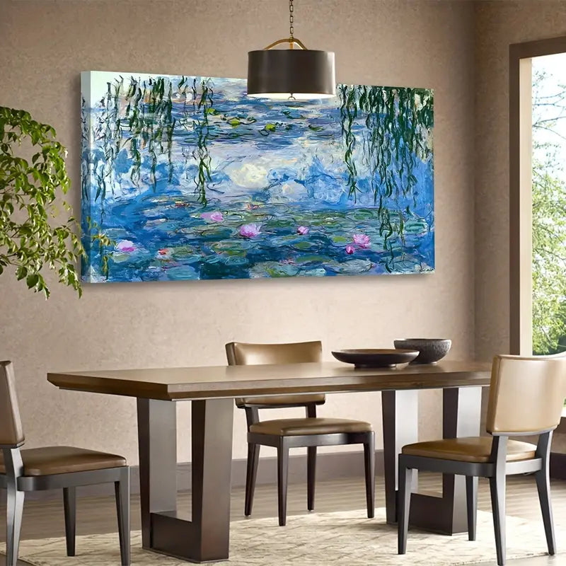 Water Lilies & Willow Leaves Vintage Nature Wall Art canvas office home room framed 120x60cm
