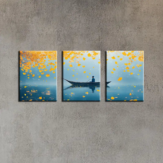 3pcs Tranquil Rowing Scene Blue Lake with Golden Leaves Metal Print Ready to Hang Art