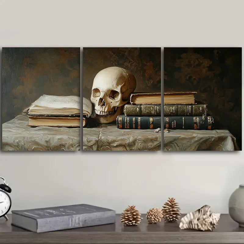 3pcs Skeleton and Books Design Metal Print Ready to Hang Art
