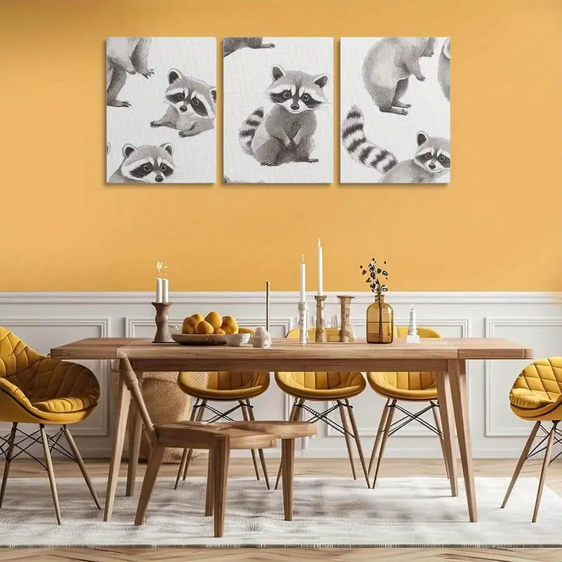 3pcs Charming Digital Illustration of Adorable Raccoons Metal Print Ready to Hang Art