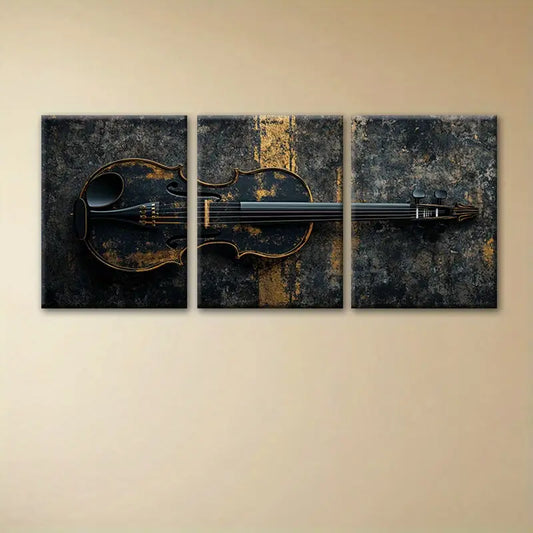 3pcs Vintage Violin Black & Golden Old Design Metal Print Ready to Hang Art