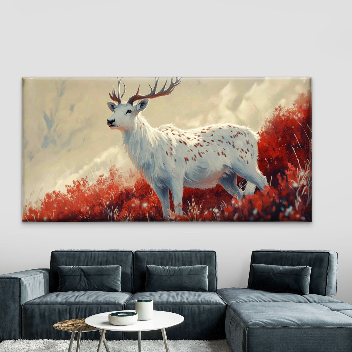 A White Fallow Deer Wall Art Canvas Office Home Room Framed 80x45cm